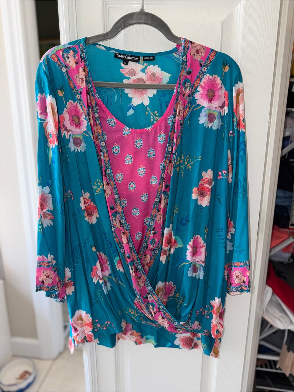 Tolani Teal & Pink Floral Wrap-Front Tunic